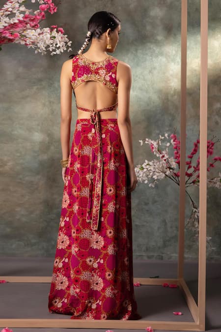 Shop_Mehak Murpana_Pink Crepe Sequins, Zari, Beads Round Neck Printed Backless Top And Skirt Set _at_Aza_Fashions