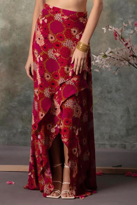 Mehak Murpana_Pink Crepe Sequins, Zari, Beads Round Neck Printed Backless Top And Skirt Set _Online_at_Aza_Fashions
