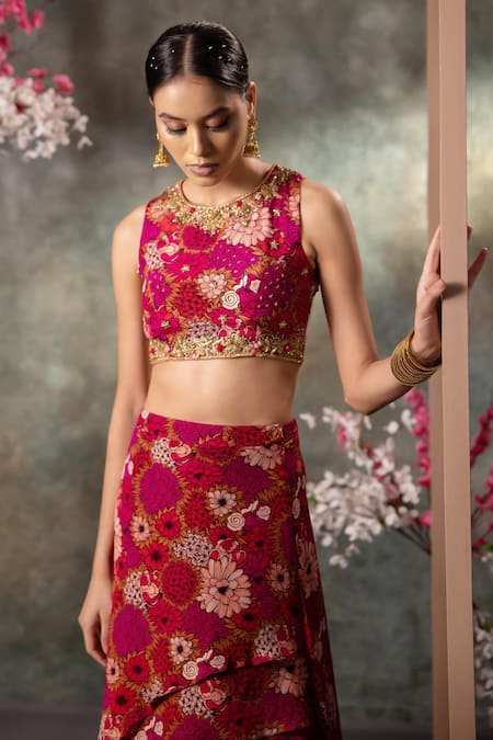 Buy_Mehak Murpana_Pink Crepe Sequins, Zari, Beads Round Neck Printed Backless Top And Skirt Set _Online_at_Aza_Fashions