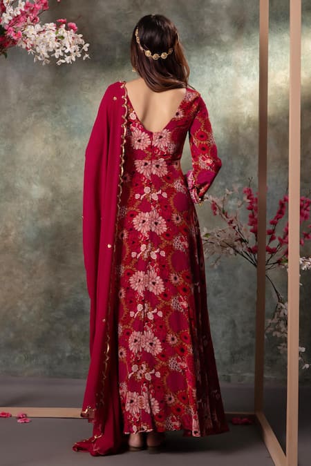 Shop_Mehak Murpana_Pink Crepe, Georgette Embroidery, Mirrors Garden Print Anarkali With Dupatta _at_Aza_Fashions
