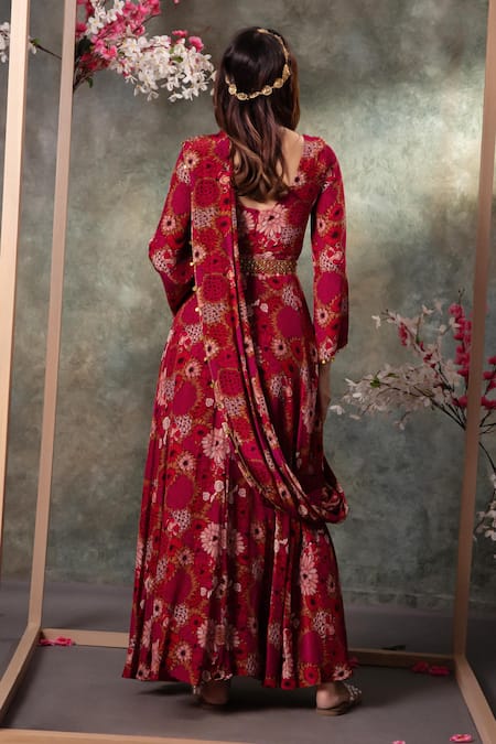 Shop_Mehak Murpana_Pink Crepe Embroidery, Zari, Florette Print Anarkali With Pre-pleated Drape _at_Aza_Fashions