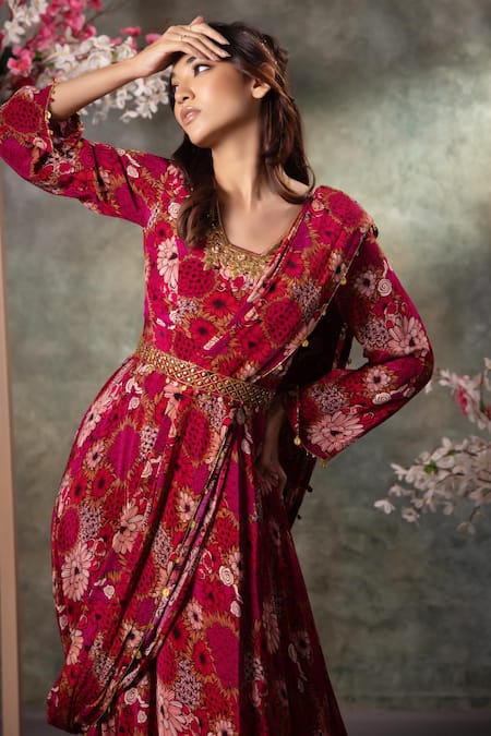 Mehak Murpana_Pink Crepe Embroidery, Zari, Florette Print Anarkali With Pre-pleated Drape _Online_at_Aza_Fashions