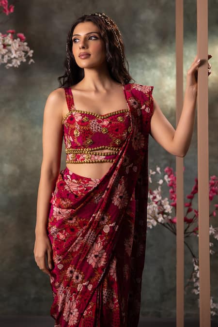Mehak Murpana_Pink Crepe Beads Sweetheart Neck Printed Pre-draped Saree With Blouse _Online_at_Aza_Fashions