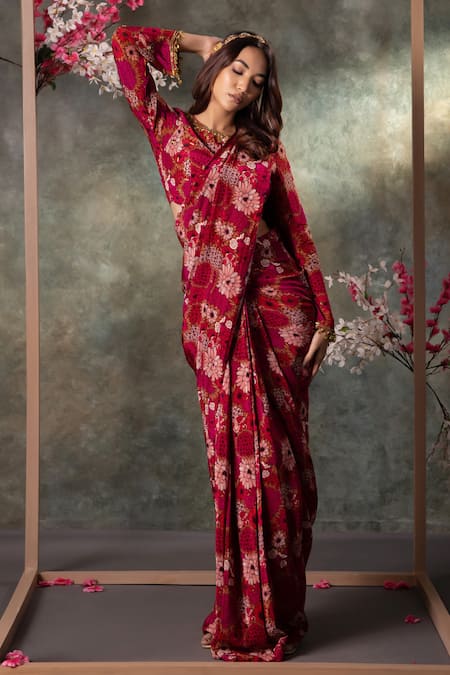 Mehak Murpana Pink Crepe Printed Fleur Round Pre-draped Saree With Blouse 