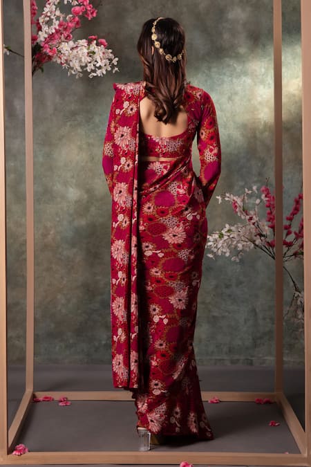Shop_Mehak Murpana_Pink Crepe Sequins, Embroidery Round Fleur Print Pre-draped Saree With Blouse _at_Aza_Fashions