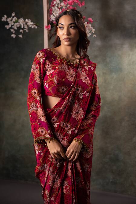 Mehak Murpana_Pink Crepe Sequins, Embroidery Round Fleur Print Pre-draped Saree With Blouse _Online_at_Aza_Fashions