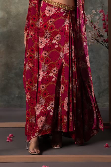 Mehak Murpana_Pink Crepe Embroidery Sweetheart , Open Floral Print Jacket Skirt Set _Online_at_Aza_Fashions