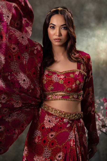 Buy_Mehak Murpana_Pink Crepe Embroidery Sweetheart , Open Floral Print Jacket Skirt Set _Online_at_Aza_Fashions