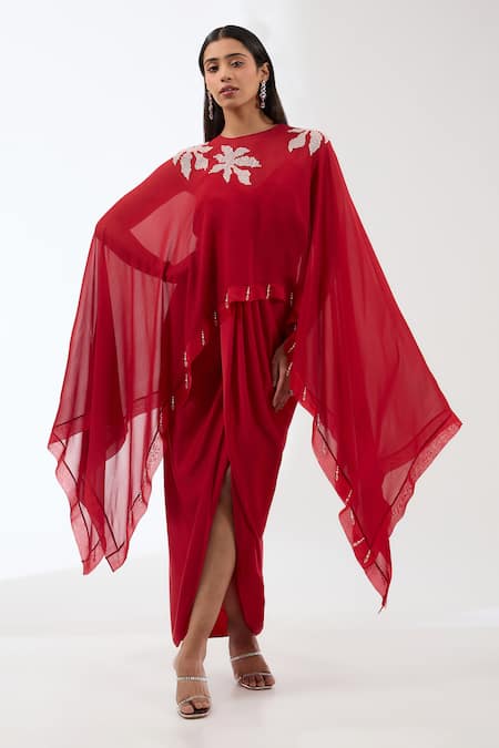 Anjali Kanwar Red Silk Embroidery Sequin Dress Sweetheart Neck Draped With Flower Cape 