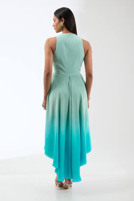 Buy_Anjali Kanwar_Green Silk Embroidery Sequin Dress V Neck Ombre With Cape _Online_at_Aza_Fashions