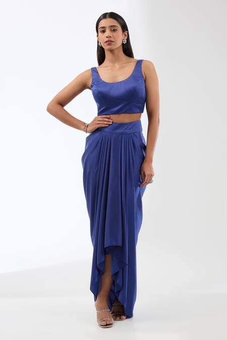 Anjali Kanwar_Blue Silk, Viscose Sequins, Beads Round Neck Flower Embroidered Cape Skirt Set _Online_at_Aza_Fashions