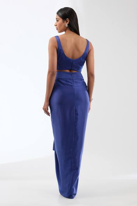 Buy_Anjali Kanwar_Blue Silk, Viscose Sequins, Beads Round Neck Flower Embroidered Cape Skirt Set _Online_at_Aza_Fashions