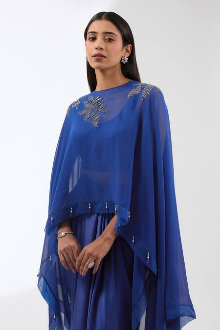 Shop_Anjali Kanwar_Blue Silk, Viscose Sequins, Beads Round Neck Flower Embroidered Cape Skirt Set _Online_at_Aza_Fashions