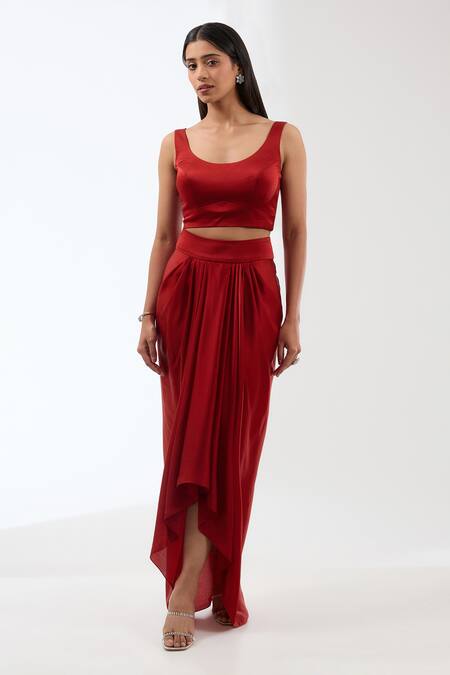 Anjali Kanwar_Red Silk, Viscose Beads Round , Open Tassel Embellished Cape Skirt Set _Online_at_Aza_Fashions