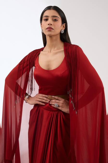 Shop_Anjali Kanwar_Red Silk, Viscose Beads Round , Open Tassel Embellished Cape Skirt Set _Online_at_Aza_Fashions