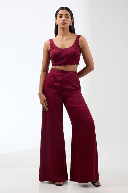 Anjali Kanwar_Maroon Silk, Polyester, Viscose Sequins, Crystals, Cape Flared Pant Set _Online_at_Aza_Fashions
