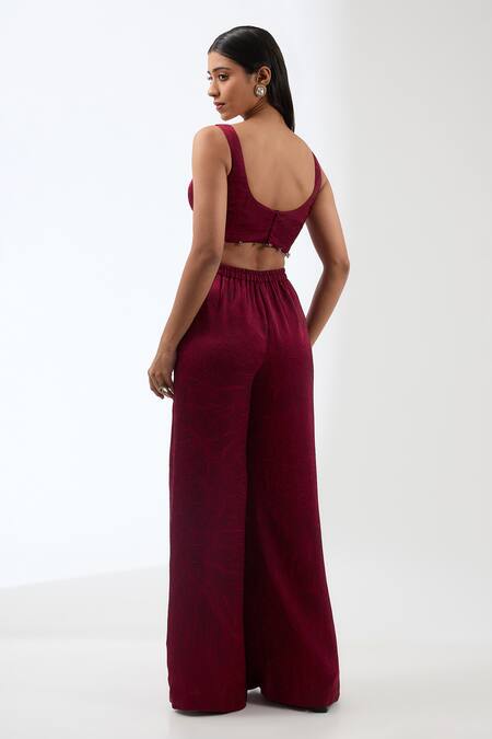 Buy_Anjali Kanwar_Maroon Silk, Polyester, Viscose Sequins, Crystals, Cape Flared Pant Set _Online_at_Aza_Fashions