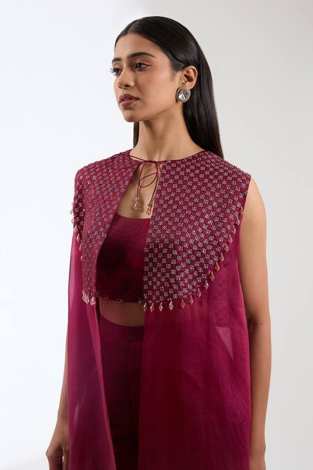 Shop_Anjali Kanwar_Maroon Silk, Polyester, Viscose Sequins, Crystals, Cape Flared Pant Set _Online_at_Aza_Fashions