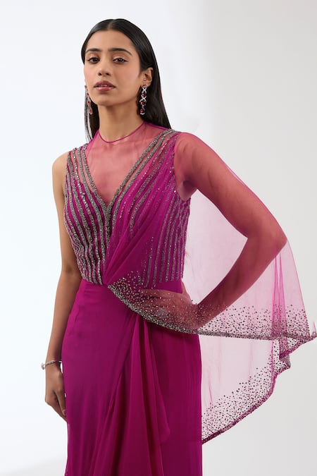 Anjali Kanwar_Wine Silk, Viscose Bead Embroidered Draped Saree Gown _Online_at_Aza_Fashions