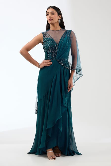 Anjali Kanwar Green Silk Embroidery Sequin Illusion Sheer Round Neck Stripe Draped Saree Gown 