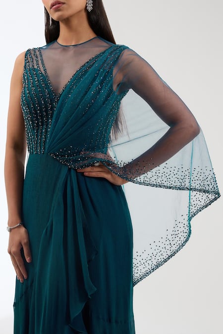 Anjali Kanwar_Green Silk, Viscose Stripe Embroidered Draped Saree Gown _Online_at_Aza_Fashions
