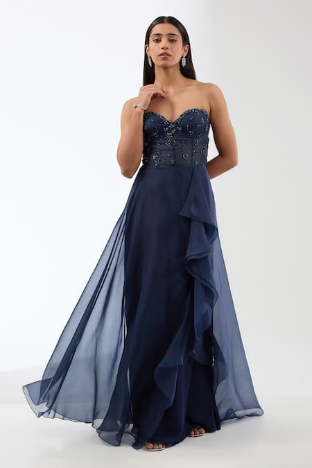 Anjali Kanwar Blue Silk Embellished Crystal Brooch Sweetheart Neck Corset Gown 