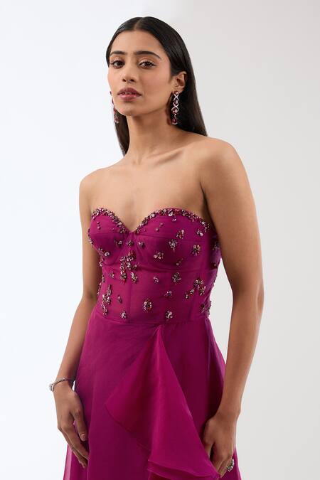 Anjali Kanwar Wine Silk Embellished Crystal Brooch Sweetheart Neck Corset Gown Online at Aza Fashions Anjali Kanwar_Wine Silk Embellished Crystal Brooch Sweetheart Neck Corset Gown _Online_at_Aza_Fashions