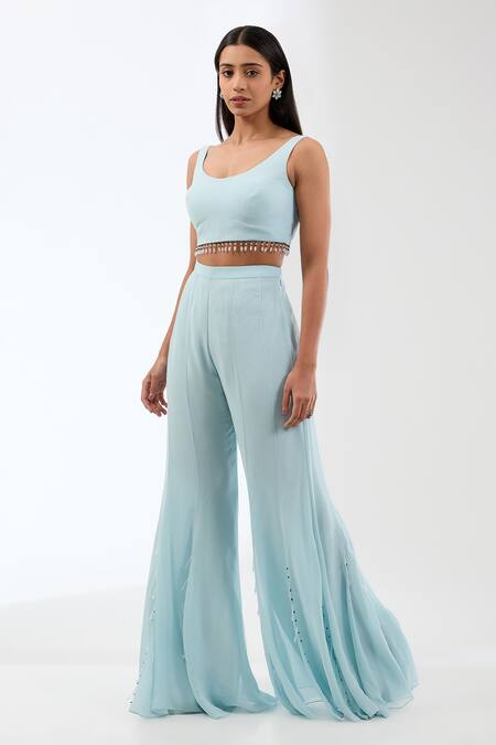 Anjali Kanwar_Blue Viscose Embroidery, Crystals Round Neck, Open Wave Jacket Flared Pant Set _Online_at_Aza_Fashions