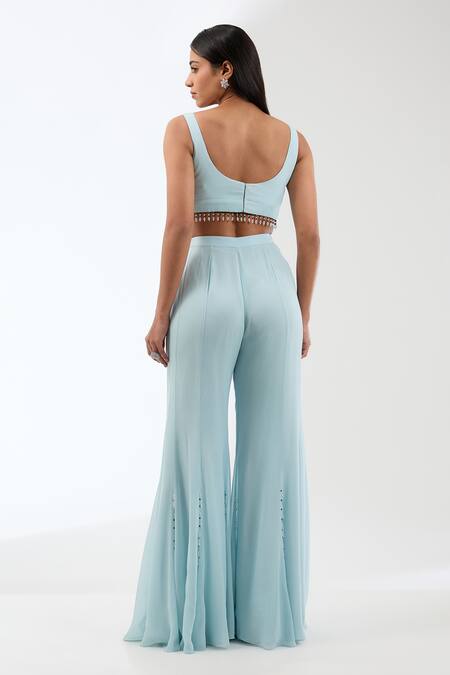 Buy_Anjali Kanwar_Blue Viscose Embroidery, Crystals Round Neck, Open Wave Jacket Flared Pant Set _Online_at_Aza_Fashions