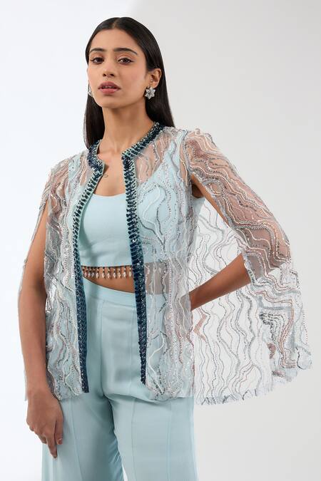 Shop_Anjali Kanwar_Blue Viscose Embroidery, Crystals Round Neck, Open Wave Jacket Flared Pant Set _Online_at_Aza_Fashions