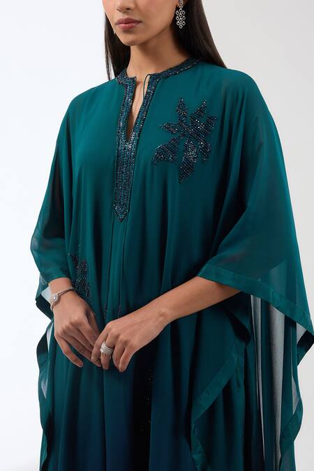 Buy_Anjali Kanwar_Green Viscose Embroidery Sequin Keyhole Kaftan Tunic And Pant Set _Online_at_Aza_Fashions