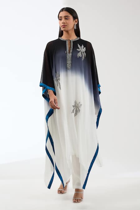 Anjali Kanwar White Viscose Embroidery Sequin Keyhole Ombre Kaftan Tunic And Pant Set 