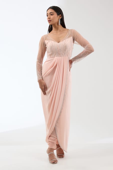 Anjali Kanwar_Peach Silk, Viscose Crystals, Sequins, Beads Border Embroidered Cape Kurta Set _Online_at_Aza_Fashions