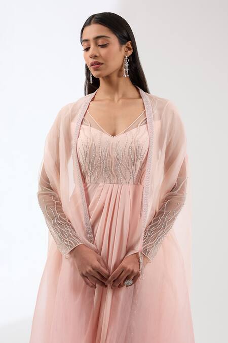 Shop_Anjali Kanwar_Peach Silk, Viscose Crystals, Sequins, Beads Border Embroidered Cape Kurta Set _Online_at_Aza_Fashions