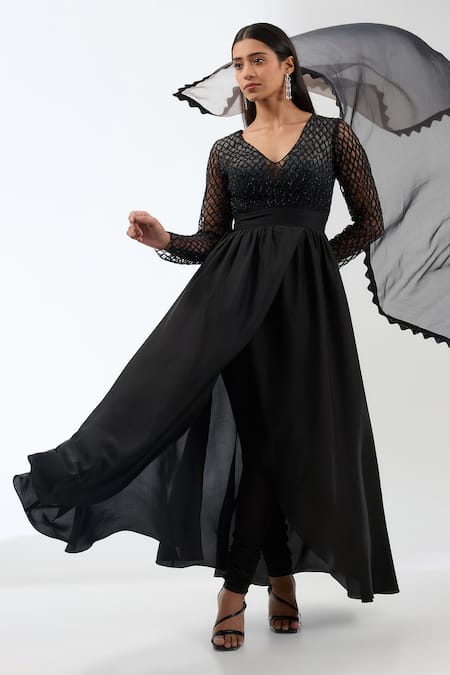 Anjali Kanwar_Black Silk, Viscose, Chiffon Crystals V-neck Embroidered Draped Anarkali Set _Online_at_Aza_Fashions