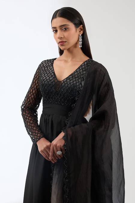 Buy_Anjali Kanwar_Black Silk, Viscose, Chiffon Crystals V-neck Embroidered Draped Anarkali Set _Online_at_Aza_Fashions