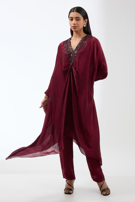 Anjali Kanwar Maroon Polyester Printed Floral V Neck Tunic And Trouser Set 