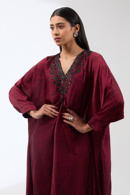 Anjali Kanwar_Maroon Polyester, Viscose Sequins, Beads V-neck Floral Print Tunic And Trouser Set _Online_at_Aza_Fashions