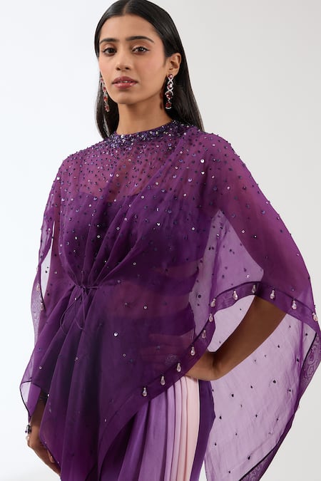 Shop_Anjali Kanwar_Purple Silk, Viscose Sequins, Beads Round Neck Work Cape Skirt Set _Online_at_Aza_Fashions