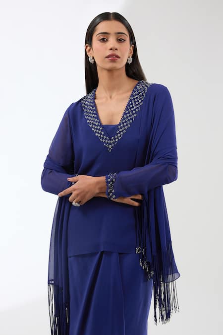 Anjali Kanwar_Blue Viscose Sequins, Beads V-neck Neckline Embroidered Tunic Set _Online_at_Aza_Fashions