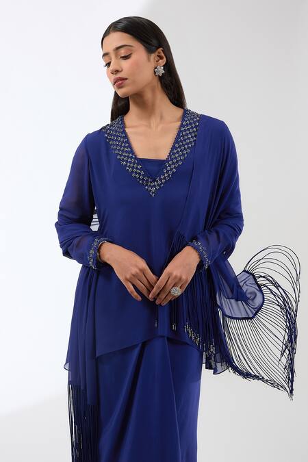 Buy_Anjali Kanwar_Blue Viscose Sequins, Beads V-neck Neckline Embroidered Tunic Set _Online_at_Aza_Fashions