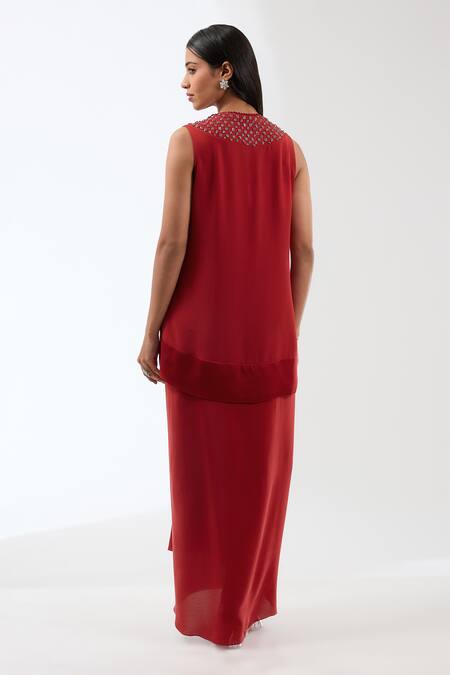 Buy_Anjali Kanwar_Red Silk, Viscose Beads, Sequins V-neck Tassel Embellished Cape Skirt Set _Online_at_Aza_Fashions