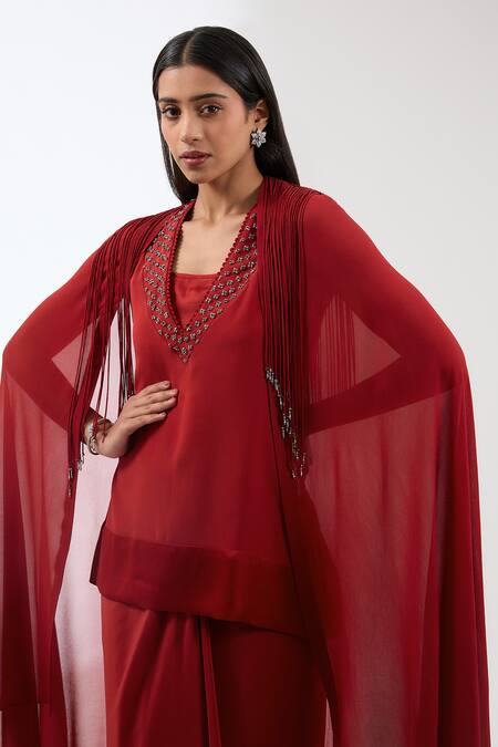 Shop_Anjali Kanwar_Red Silk, Viscose Beads, Sequins V-neck Tassel Embellished Cape Skirt Set _Online_at_Aza_Fashions