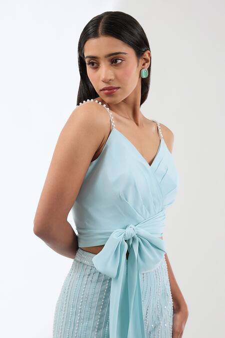 Buy_Anjali Kanwar_Blue Silk Embroidery Sequin V Neck Wrap Top And Pant Set _Online_at_Aza_Fashions