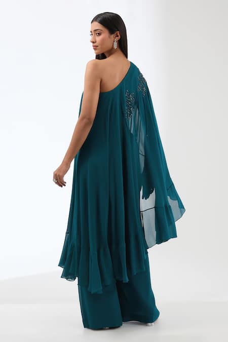 Anjali Kanwar One Shoulder Embroidered Top & Flared Trouser Set 