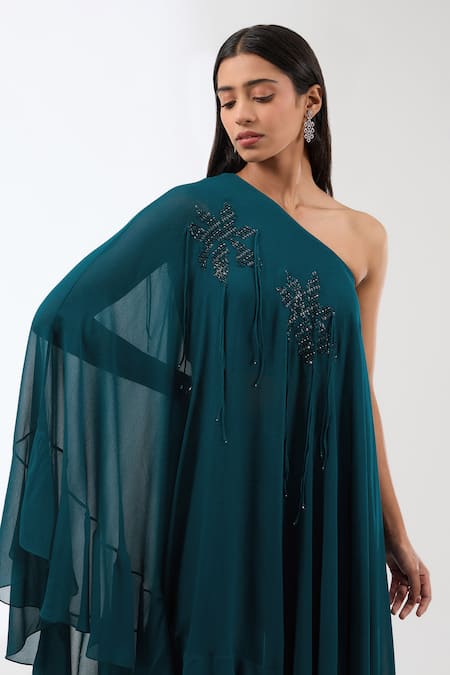 Anjali Kanwar_Blue Viscose Sequins, Beads One Shoulder Embroidered Top And Flared Trouser Set _Online_at_Aza_Fashions