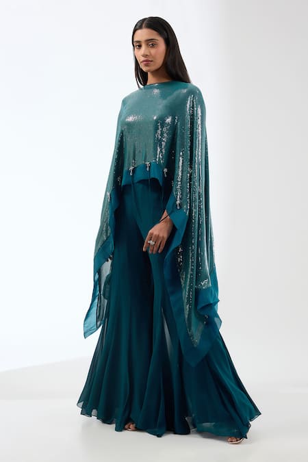 Anjali Kanwar Green Viscose Embroidery Sequin Round Work Cape Flared Pant Set 