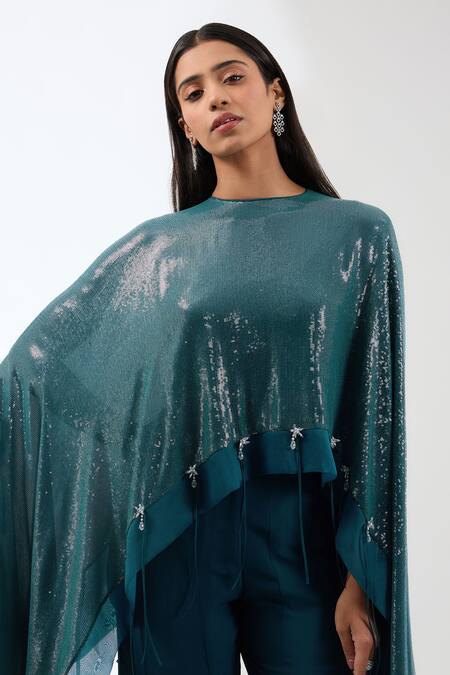 Anjali Kanwar_Green Viscose Crystals, Sequins Round Neck Work Cape Flared Pant Set _Online_at_Aza_Fashions