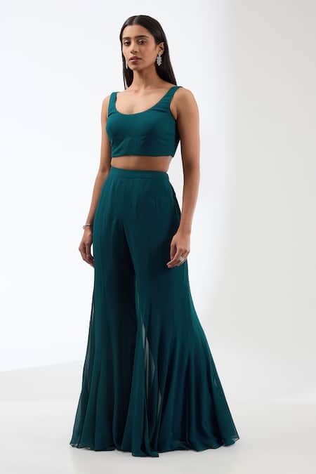 Buy_Anjali Kanwar_Green Viscose Crystals, Sequins Round Neck Work Cape Flared Pant Set _Online_at_Aza_Fashions