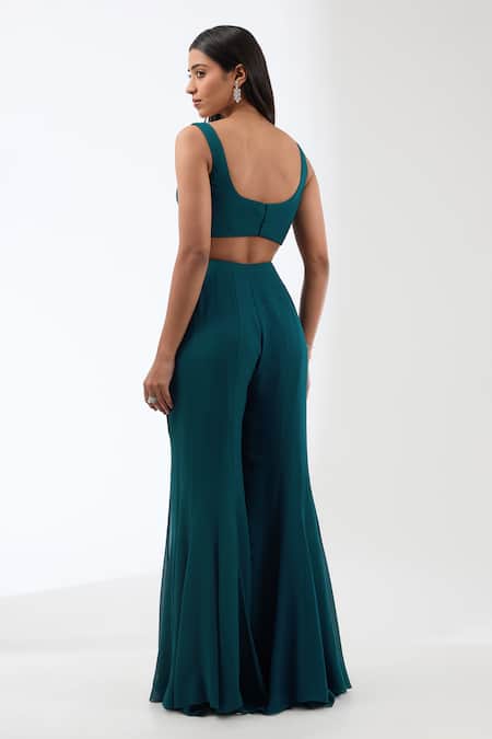 Shop_Anjali Kanwar_Green Viscose Crystals, Sequins Round Neck Work Cape Flared Pant Set _Online_at_Aza_Fashions